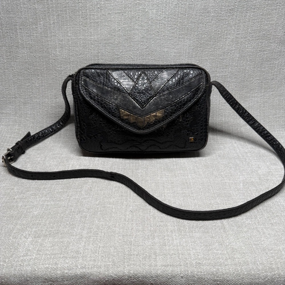 Vintage Black Faux Reptile Leather Crossbody Bag Small Western Boho Y2K